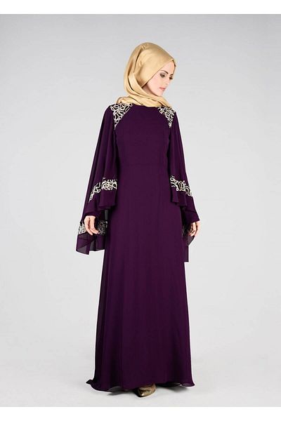 TRENDTESETTÜR Women's Plum T 69525 Fy Collection-Cape Detailed Evening Dress
