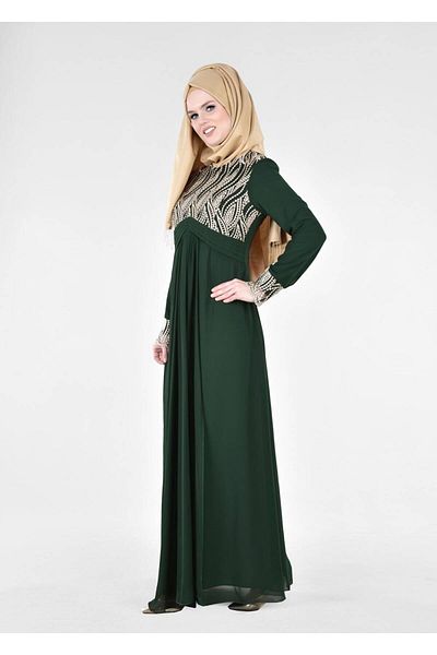 TRENDTESETTÜR Women's Green (ZEMRUT) T 66525 Fy Collection-Embroidery Detailed Hijab Evening Dress