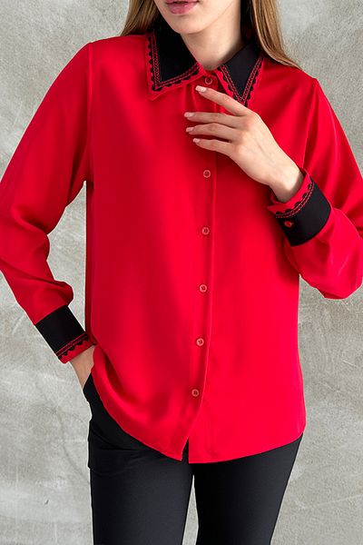 TRENDBUTİKOFFİCİAL Modern Zig Zag Print Embroidered Collar Shirt