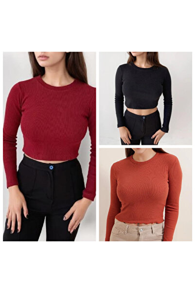 Lorya Giyim Pachet de 3 bluze crop pentru femei, 100% bumbac, cu mânecă lungă...