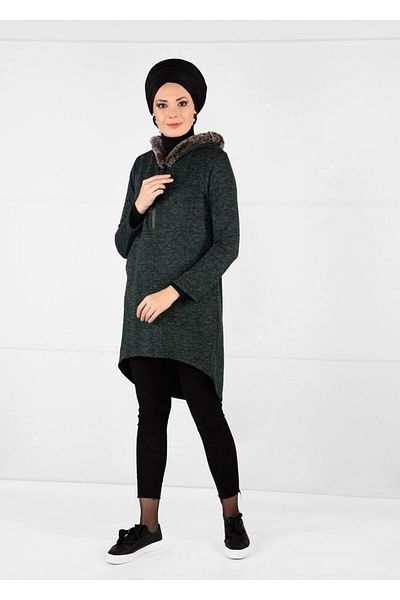 TRENDTESETTÜR Women's Green (ZIMPERUT) Plush Zipper Detailed Tunic 13741