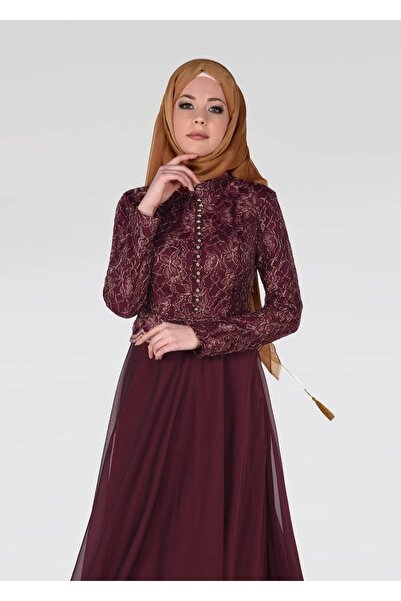 TRENDTESETTÜR فستان سهرة نسائي بياقة قاضي باللون العنابي مزين بأزرار 0697