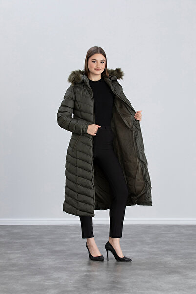 Space Fashion Χακί πράσινη κουκούλα μακριά φουσκωτή γυναικεία παλτό