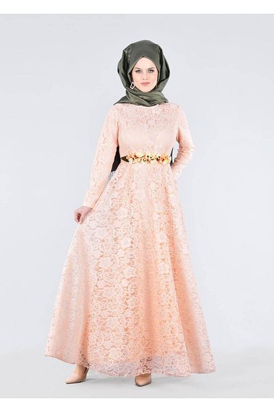 TRENDTESETTÜR Γυναικεία Πούδρα (ΣΟΜΟΝ) T 1787 Tuay Lace Belted βραδινό φόρεμα