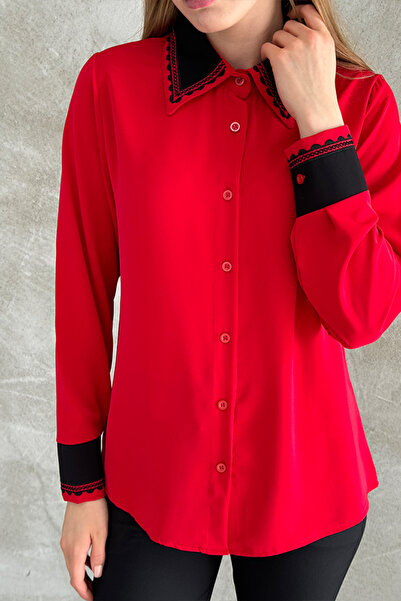 TRENDBUTİKOFFİCİAL Modern Zig Zag Print Embroidered Collar Shirt