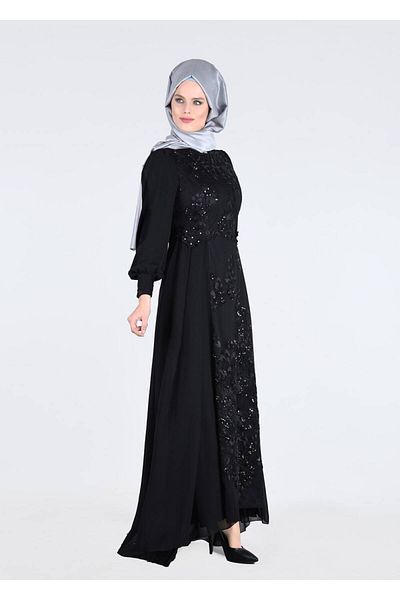 TRENDTESETTÜR Γυναικείο Μαύρο T 55525 Fy Collection-με λεπτομέρεια Βραδινό φόρεμα Hijab