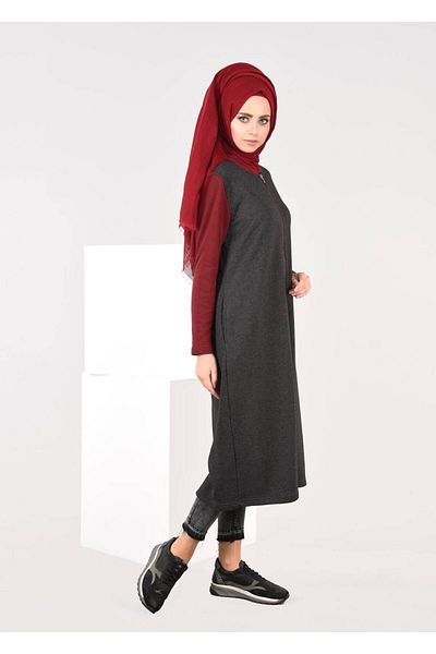 TRENDTESETTÜR Women's Gray Zippered Tracksuit Tunic - Antresit 6609