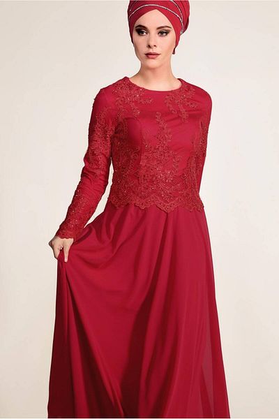 TRENDTESETTÜR Red Guipure Detailed Women's Evening Dress 5608