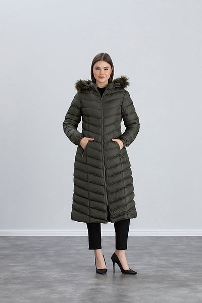 Space Fashion Khaki Green Hooded Long Puffer Women's Coat