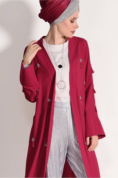 TRENDTESETTÜR سترة نسائية كاجوال مزينة بشرابة حمراء 5096