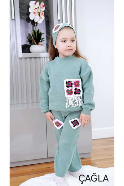 Melisim Butik Girl's Lace Motif 3-Piece Knitwear Set with Hair Band