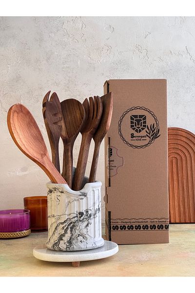 Serengeti Walnut Wood Handmade Spoon Set Wooden Natural Spoons and Decorative Countertop Spoon Holder