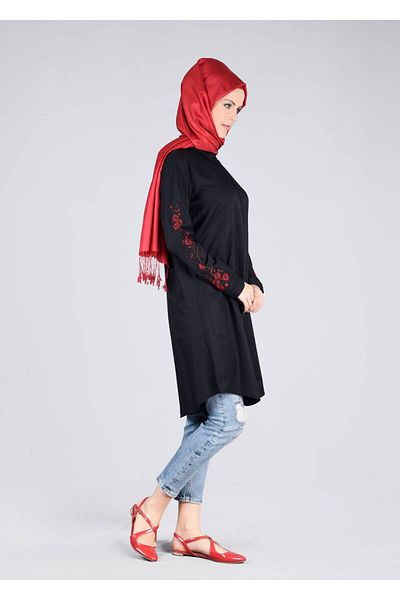 TRENDTESETTÜR Women's Black T 57115 Allday-Embroidered Hijab Tunik