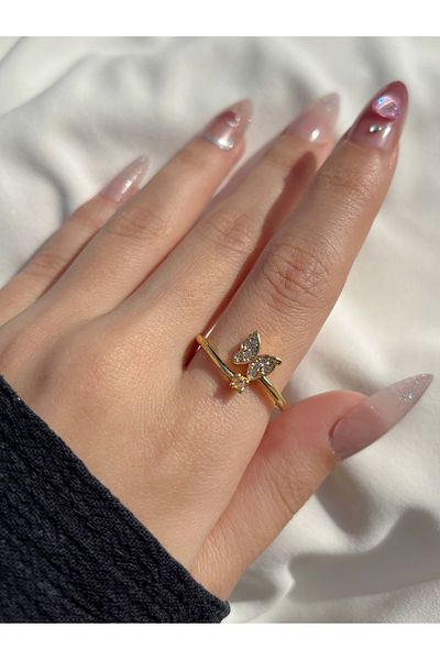 Eylülün Takısı Women's Adjustable Gold Color Stone Butterfly Ring