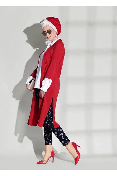 TRENDTESETTÜR Women's Red Cardigan with Side Slit Detail 124