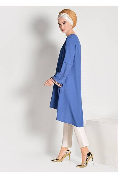 TRENDTESETTÜR Women's Navy Blue (NDIGO) Bead Embroidered Asymmetric Cut Tunic 02071
