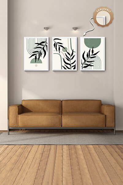 Hagen Modern Manzara Bohem Tablo Beyaz Çerçeveli 3lü Tablo Set Büyük Duvar Ta...