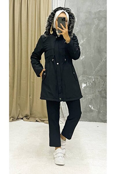 Marjinal City Black Fur Lined and Waterproof Large Size Oversize Women's Winter Coat & Coat