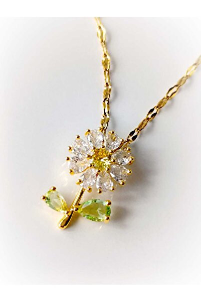 RSB Bijuteri Zincir'li Kolye Çiçek Papatya Çelik Kararmaz Zirkon Taşli 316 L Çelik Hediye Paketi