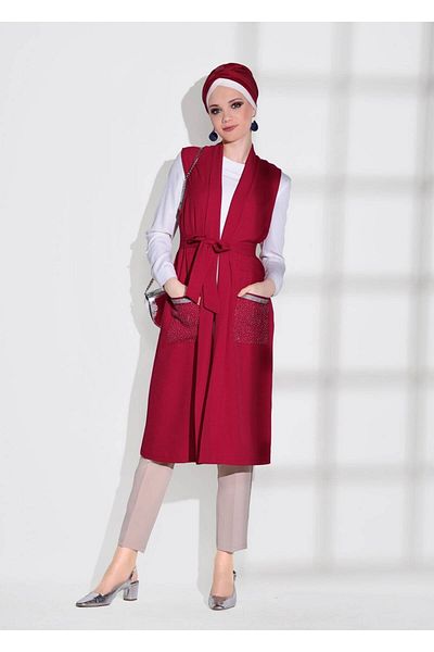 TRENDTESETTÜR سترة نسائية ذات جيوب حمراء مرصعة بالأحجار اللامعة 70361