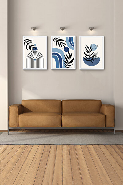 Hagen Beyaz Çerçeveli 3lü Tablo Set Büyük Duvar Tablolari Modern Manzara Bohe...