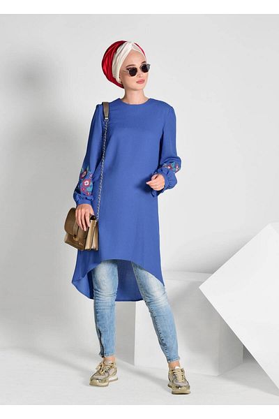 TRENDTESETTÜR Women's Navy Blue (NDIGO) Embroidered Detailed Asymmetric Cut Tunic 35071