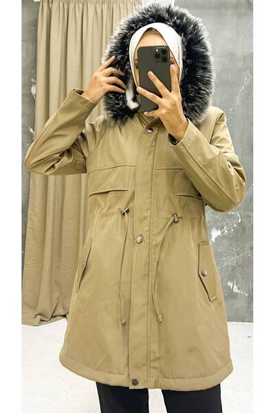 Marjinal City Beige Fur Lined and Waterproof Large Size Oversize Women's Winter Coat & Coat