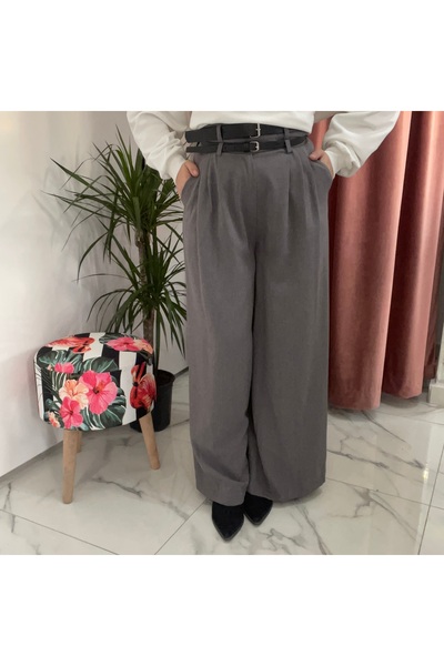 Butik Gri çift kemerli pallazzo pantolon