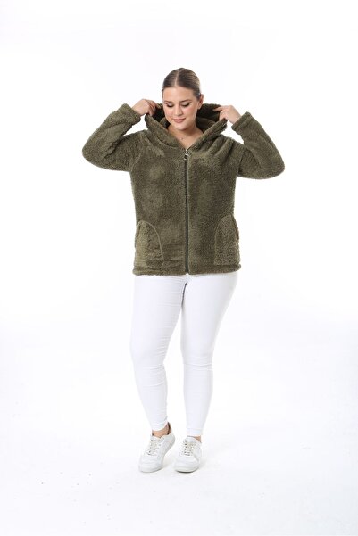 NUR TEKSTİL kadın haki fermuarlı  Kapşonlu cepli  Peluş Hırka
