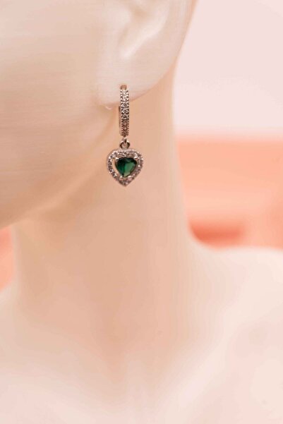 eva silvera 925 Ayar Gümüş Kalpli Kolye Zirkon Taşlı Sallantılı  Küpe Zümrüt Taşlı Küpe Silver