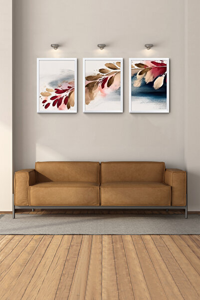 Hagen Modern Tablo Beyaz Çerçeveli Tablo 3lü Tablo Duvar Tabloları Soyut Tablo Yatak Odası Bohem Tablo