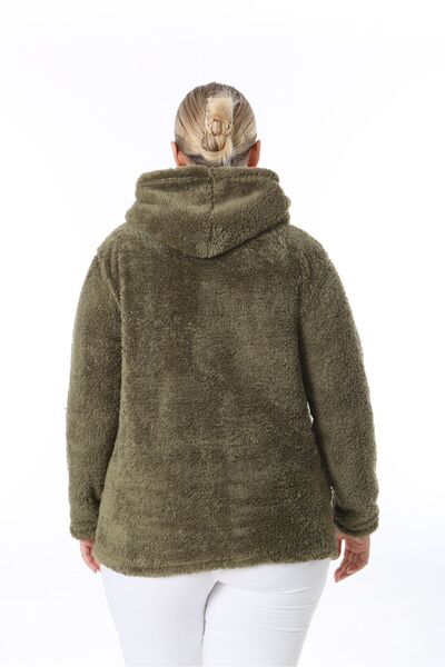 NUR TEKSTİL kadın haki fermuarlı  Kapşonlu cepli  Peluş Hırka