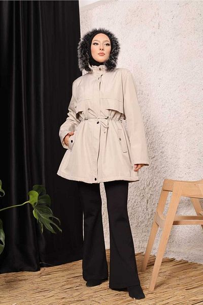Marjinal City Light Beige Fur Lined and Waterproof Large Size Oversize Women's Winter Coat & Coat