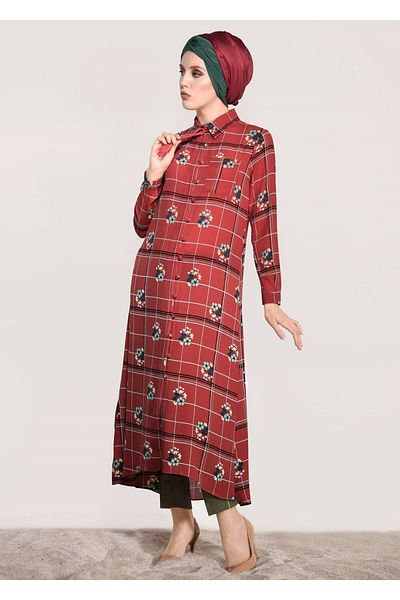 TRENDTESETTÜR Women's Red T 0203 Lmf- Patterned Long Tunic