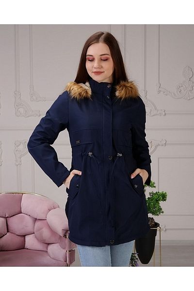 Marjinal City Navy Blue Fur Lined and Waterproof Large Size Oversize Women's Winter Coat & Coat