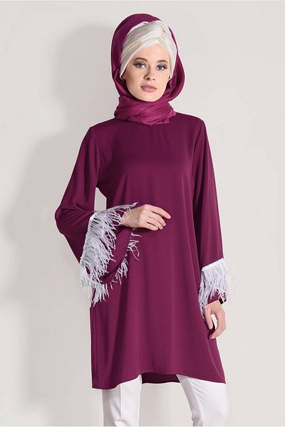 TRENDTESETTÜR Women's Purple Feather Detailed Tunic 99131
