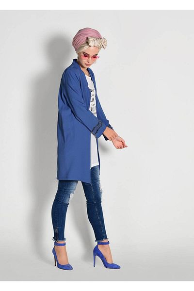 TRENDTESETTÜR Women's Navy Blue (NDIGO) Printed Jacket Embroidered Detailed 2-Piece Tunic 01951