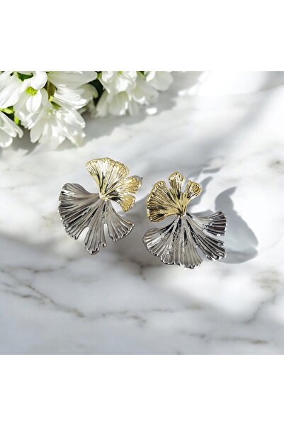 bellss accessory Gold Silver İki Renkli Yaprak Küpe