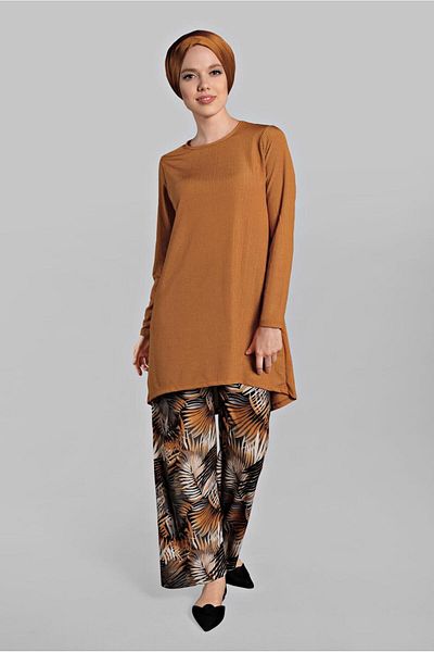 TRENDTESETTÜR Women's Asymmetrical Cut Coffee Pants Set - Ribbed Set of 2 5825