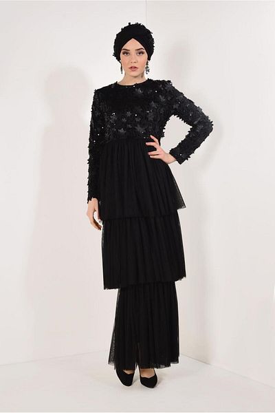TRENDTESETTÜR Women's Black Three-Dimensional Floral Evening Dress T 6651