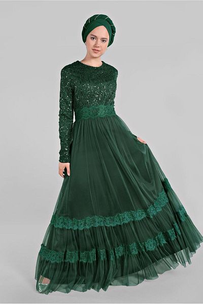 TRENDTESETTÜR Rochie de seară detaliată din dantelă și tul verde (EMIRAL) pentru femei 75725