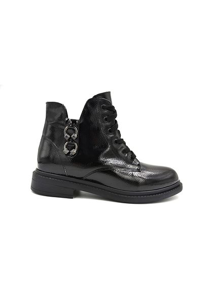 Park Moda Thermo Non-Slip Sole Lace-Up Zippered Daily Women's Short Boots Patent Leather Black
