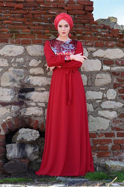TRENDTESETTÜR Women's Red Sequin Sequined Evening Dress T 54293