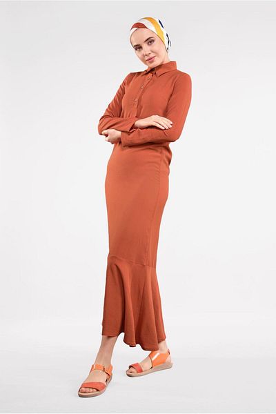 TRENDTESETTÜR Γυναικείο πορτοκαλί (ORANJ) βαμβακερό φόρεμα με βολάν 8221