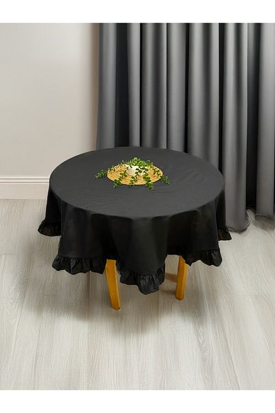 LILYUM Cotton Polyester Ruffled Round Tablecloth Black