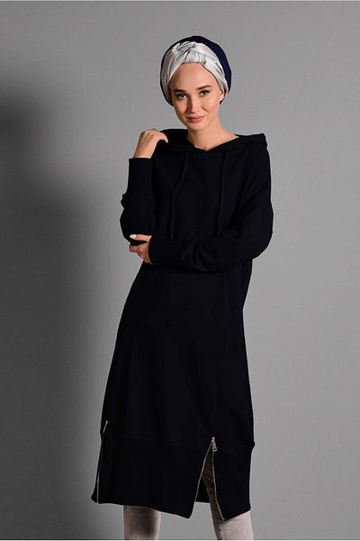 TRENDTESETTÜR Women's Navy Blue Hooded Zipper Detailed Tunic 8918
