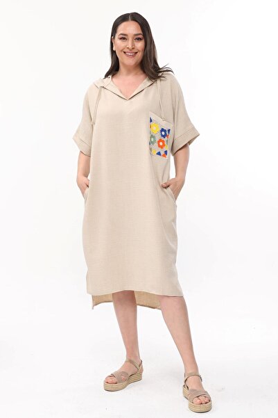 Ebsumu Rochie confortabilă cu glugă, cu aspect de in, mărime Plus