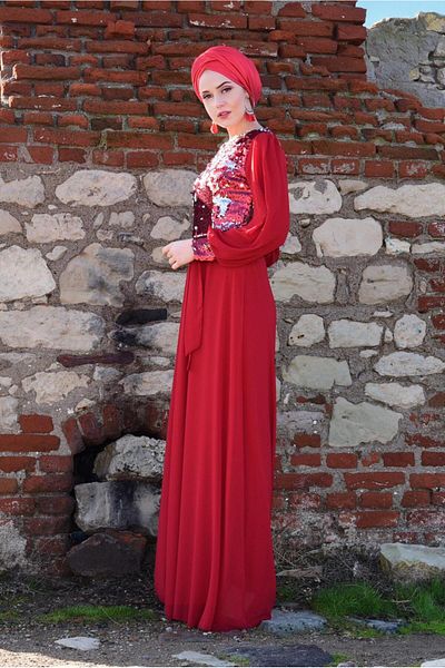 TRENDTESETTÜR Women's Red Sequin Sequined Evening Dress T 54293