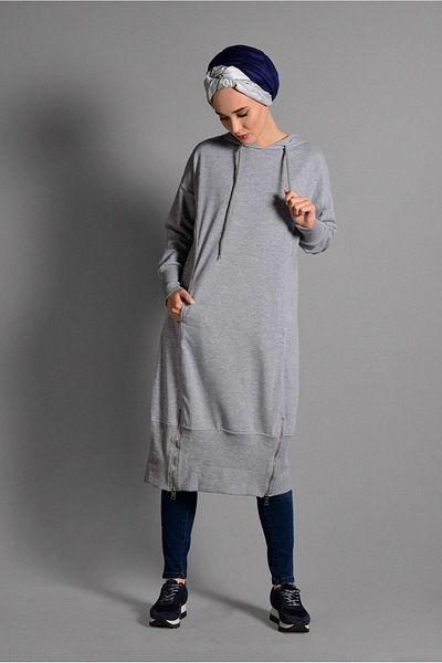 TRENDTESETTÜR Women's Gray Hooded Zipper Detailed Tunic 8918