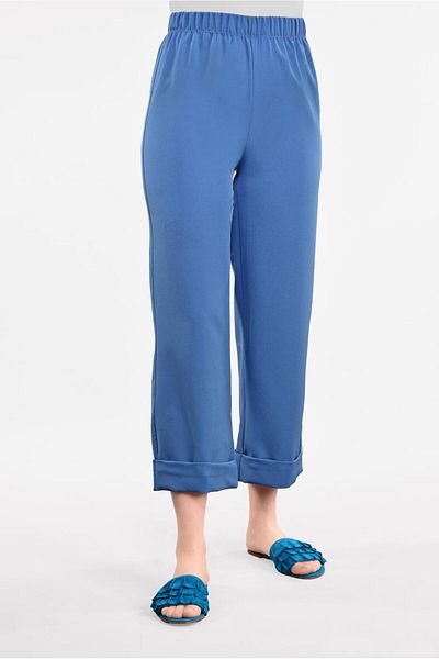 TRENDTESETTÜR Women's Navy Blue (NDIGO) Elastic Waist Wide Leg Trousers 4051